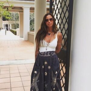 * Rare.Free People Gray/blue Maxi skirt With Pockets Embroidered New Romantics